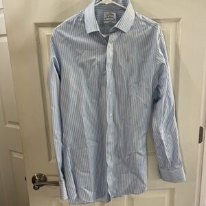 T. M. Lewin Mens Button Up Long Sleeve Shirt  W/Collar, Lt Blue Striped 16/36